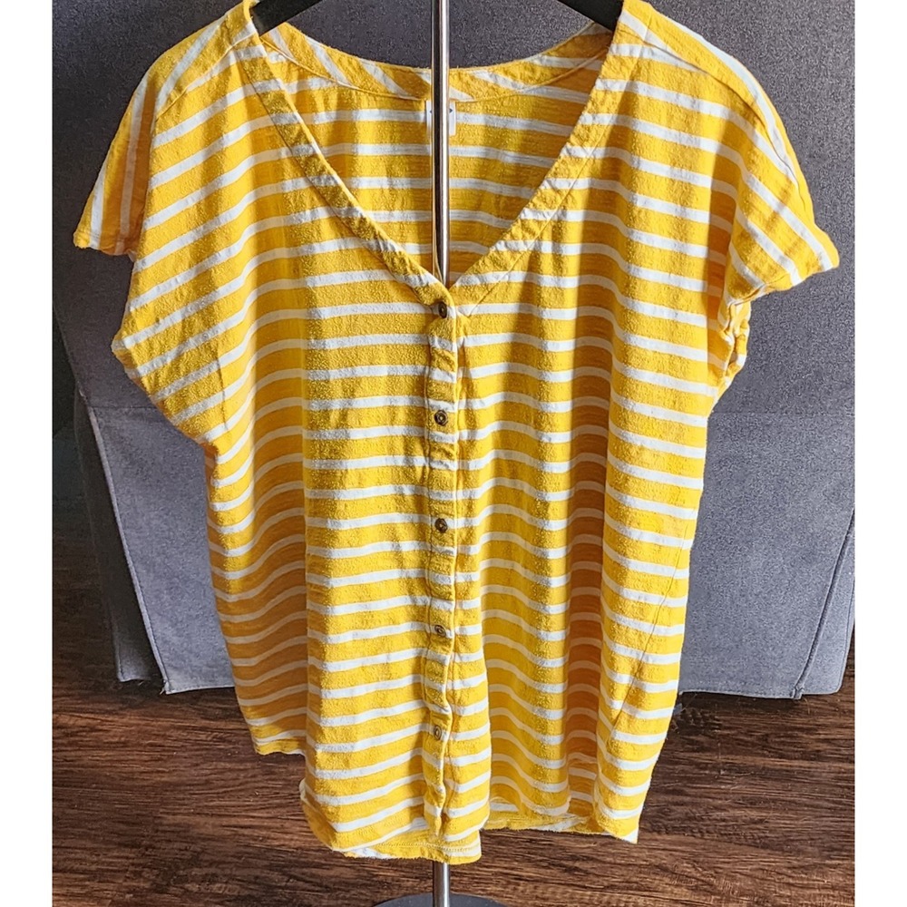 Old Navy Womens Extra Large Yellow Striped Cap Sleeve Button Up Cotton Blouse XL